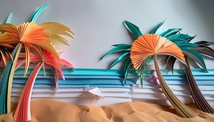 Poster - 3d render of colorful tropical beach with palm trees made from paper art origami paper art for a banner or wallpaper design concept