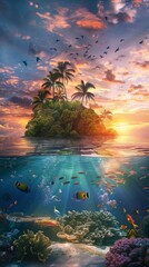 A dual perspective of a paradise island above water with palms and birds, and a vibrant underwater scene with fishes