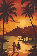 Beautiful vector illustration of tropical beach and back view of a lovely couple