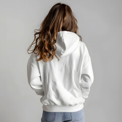 A woman wearing a white hoodie and blue jeans