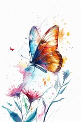 Canvas Print - Artistic watercolor painting drawing of beautiful butterfly on flowers