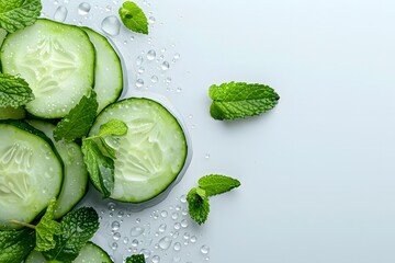 Wall Mural - Slices of cucumber and mint leaves on ice. Flat lay composition with copy space for design and print