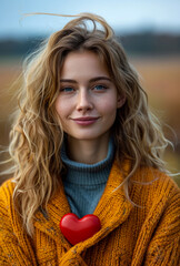 Wall Mural - Beautiful young woman with red heart in her hands