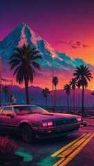 Wall Mural - Time-traveling nostalgia, Cyberpunk illustration mixing 80s and 90s vibes, neon colors, sunsets, mountains, and palms.