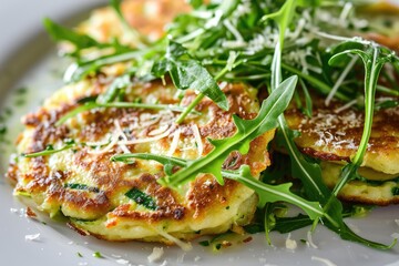 Wall Mural - Zucchini Pancakes with Cheese Sauce, Delicious Courgette Fritters, Vegetable Patty with Arugula