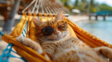 Red cat in a hammock. Summer vacation on the beach.