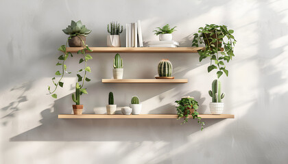 Wall Mural - Modern shelves with books and cacti hanging on light wall