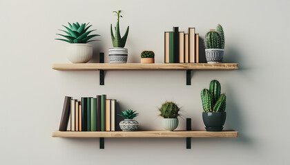 Wall Mural - Modern shelves with books and cacti hanging on light wall