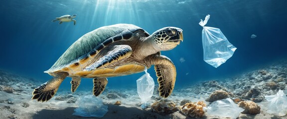 Wall Mural - ocean turtle, plastic bags under the sea.The problem of ocean pollution with garbage.