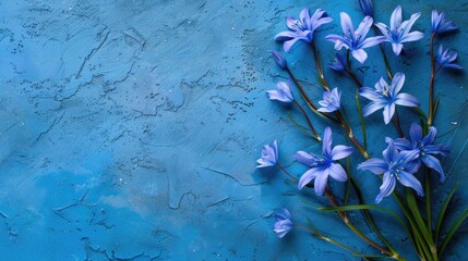 Sticker - Blue Scilla flowers on a blue surface from above with blank space for text blossoms in spring