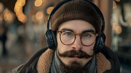 Wall Mural - a white male wearing glasses and a beanie with headphones and a huge thick mustache 