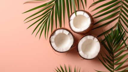 Wall Mural - Three halved coconuts with palm leaves on a pink background, tropical theme. Fresh and exotic food concept