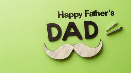 Wall Mural - Happy Father's Day text with 'DAD' in black and a white mustache on a lime green solid background. 