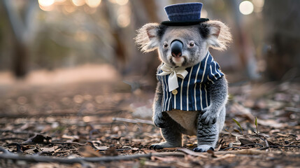Wall Mural - A winsome tiny koala sporting a bygone era top hat. striped tunic. and white chinos is standing on the soil. full body shot 