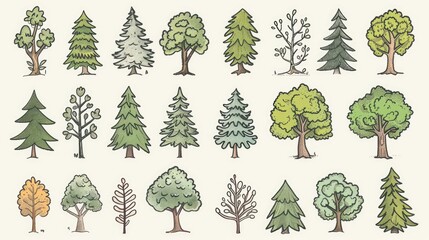 Poster - Illustration of various tree plants depicted in a hand drawn colored outline cartoon style perfect for enhancing green forest signage or creating an original park logo These simple yet char