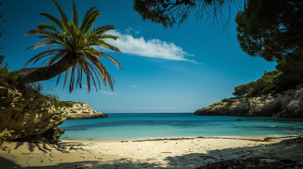 Wall Mural - A beautiful beach with a palm tree in the foreground