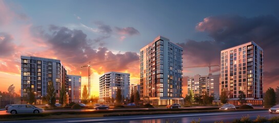 Wall Mural - A realistic illustration of the construction site of an apartment complex with modern buildings and cranes at sunset, illuminated by warm lights