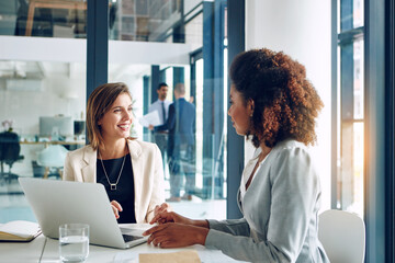 Poster - Business people, laptop and women in office for training planning and project idea, research or collaboration. Coaching, support and girl with manager for learning, discussion and problem solving