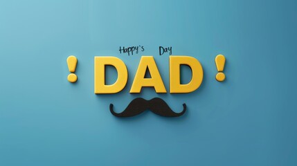 Wall Mural - Happy Father's Day text with 'DAD' in yellow and a black mustache on a blue solid background. 