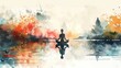 © pakbung - A watercolor painting of a person meditating on a lake at sunset