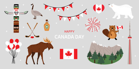 Vector set of Canadian symbols for Canada Day: totem pole, maple syrup, beaver, moose and Kagadian flag, northern bear, mountains. Gray isolated background. Flat style.