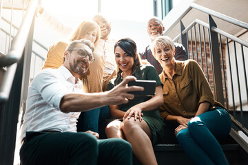Aufkleber - Group, people and stairs with smile or phone, diversity and lens flare in office. Crowd, international and happiness with mobile technology for company profile picture, team building for employees