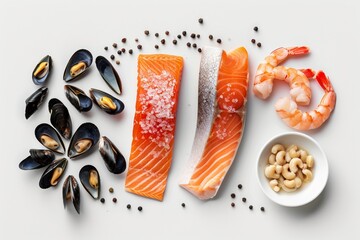 Assorted seafood on a white background with shrimp, mussels, salmon, and nuts
