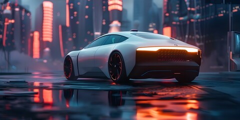 Wall Mural - Exploring a Futuristic City at Dusk in a Self-Driving Electric Car with Digital Features. Concept Futuristic City, Dusk, Self-Driving Car, Electric Vehicle, Digital Features