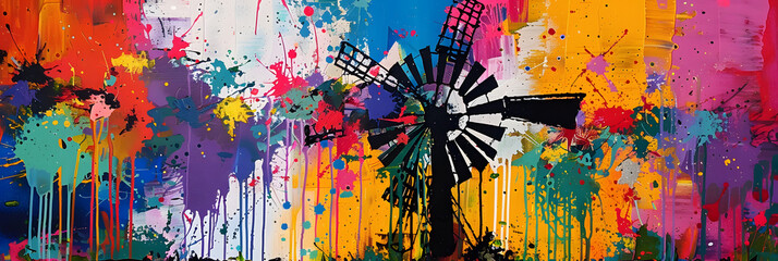 Wall Mural - Abstract art painting of a windmill in colorful. textured brush strokes and drips 