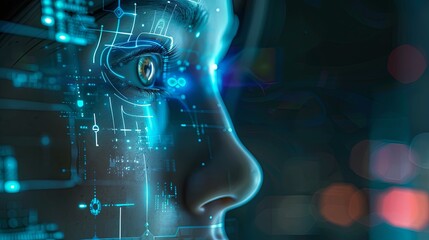 Poster - A digital rendering of a face with intricate, glowing lines overlaying it, depicting the concept of a facial recognition system. Generative AI