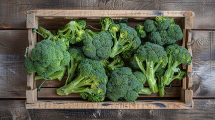 Wall Mural - Wooden tray displaying raw broccoli against wood texture backdrop