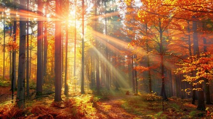 Poster - Beautiful Sunlight Filtering Through Trees in the Autumn Forest