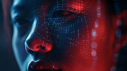 Poster - A close-up shot of a face illuminated in red and blue light, with a digital grid overlaying the features. Generative AI