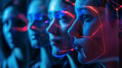 Fototapete - Close-up of four individuals faces scanned by a facial recognition system, illuminated by blue and red light. Generative AI