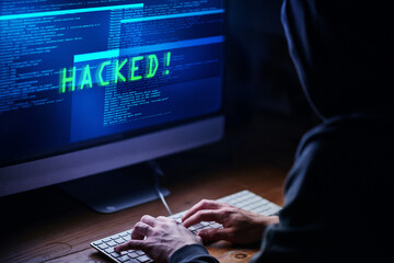 Poster - Computer, hacker and cyber security at night for online cybercrime. Data protection, website access and technology with person, network and system for fraud, programming and virus for internet or web