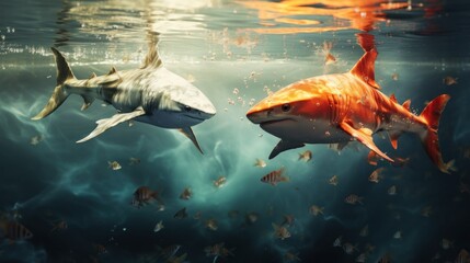 Wall Mural - Two sharks are swimming in the ocean, one is white and the other is orange