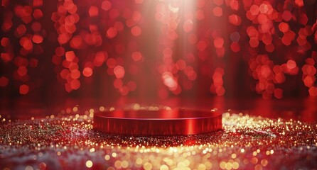 Wall Mural - Red Podium With Golden Glitter and Festive Lights Background