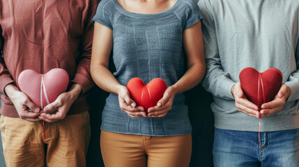 three different people holding a small red heart-shaped object in their hands, a healthy concept for love and health care or for world valentine's day at a plain background. Donors day