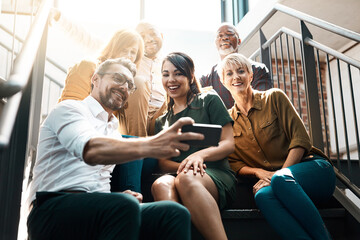 Aufkleber - Group, people and staircase with smile or mobile, diversity in office with lens flare. Crowd, international or happiness with phone technology for company profile picture, team building for employees