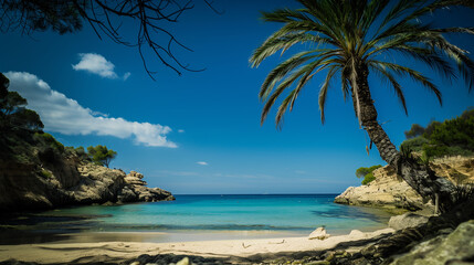 Wall Mural - A beautiful beach with a palm tree in the foreground