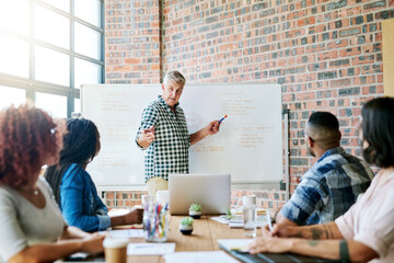 Poster - Boardroom, meeting and business people in office for brainstorming, planning and discussion. Diversity, creative agency and men and women with whiteboard for teamwork, presentation and mature speaker