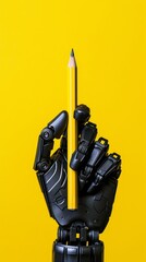 Aufkleber - Robotic hand holding a yellow pencil against yellow background. Technology and creativity concept