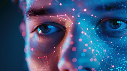 Fototapete - A blue and red digital network overlays a persons face, highlighting the intricate patterns used in facial recognition technology. Generative AI