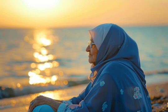 Elderly Turkish woman enjoying serene sunset at a beachside resort within a warm family atmosphere