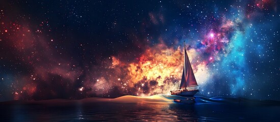 Wall Mural - a sailboat traveling among the stars in a colorful rainbow galaxy sea in stars and space (generative
