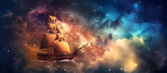 Wall Mural - a sailboat traveling among the stars in a colorful rainbow galaxy sea in stars and space (generative
