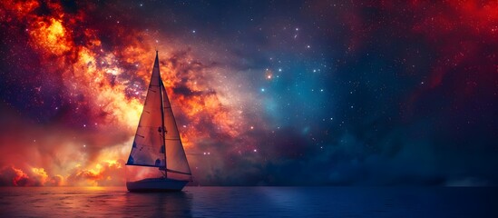 Wall Mural - a sailboat traveling among the stars in a colorful rainbow galaxy sea in stars and space (generative