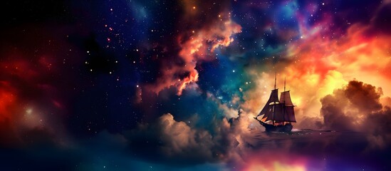 Wall Mural - a sailboat traveling among the stars in a colorful rainbow galaxy sea in stars and space (generative