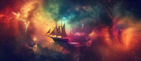 Wall Mural - a sailboat traveling among the stars in a colorful rainbow galaxy sea in stars and space (generative