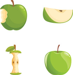 Poster - illustration set featuring a whole green apple, a slice, a bite taken, and a core